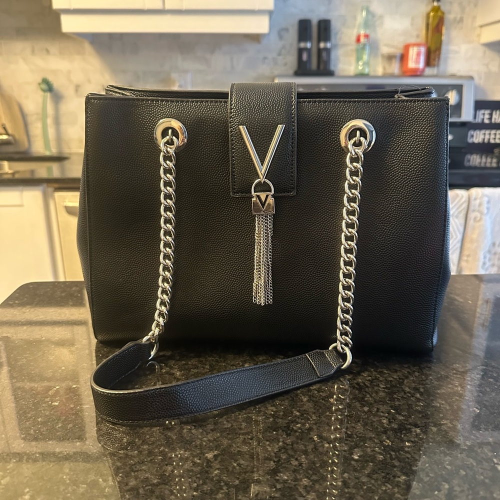 Black Chain Tote with V Tassel Accent - Similar Designer Style